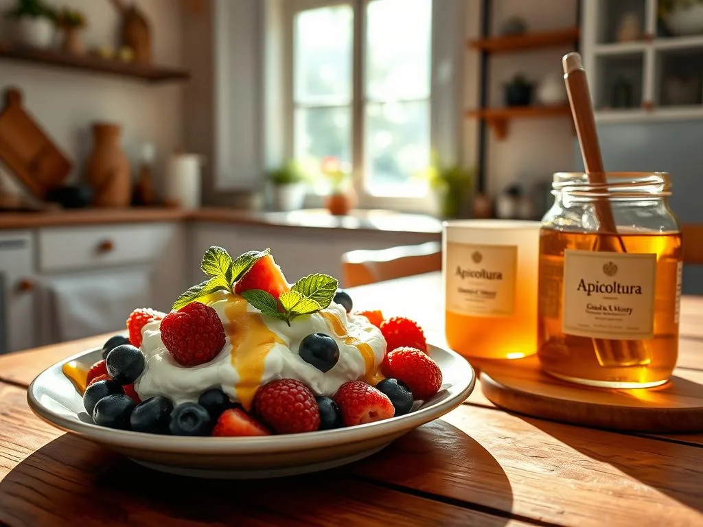 A sunny, rustic Italian kitchen. On a wooden table, a plate overflows with Greek yogurt, fresh berries, drizzled honey, and a sprig of mint. Beside it, a glass jar labeled "Apicoltura" holds golden honey. Soft, natural lighting from a large window casts a warm glow, highlighting the textures and colors of this nourishing, protein-rich breakfast.