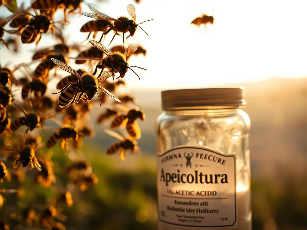 A swarm of large, menacing calabroni (Italian hornets) hovering in the foreground, their black and yellow striped bodies glistening in the warm, golden afternoon light. In the middle ground, a traditional Apicoltura-branded jar filled with a mixture of acetic acid and sugar, casting a subtle reflection on the surface. The background fades into a blurred, out-of-focus Italian countryside landscape, hinting at the natural habitat of these formidable insects. The overall scene conveys a sense of impending danger, underscoring the need to address the problem of these unwelcome pests. A swarm of large, menacing calabroni (Italian hornets) hovering in the foreground, their black and yellow striped bodies glistening in the warm, golden afternoon light. In the middle ground, a traditional Apicoltura-branded jar filled with a mixture of acetic acid and sugar, casting a subtle reflection on the surface. The background fades into a blurred, out-of-focus Italian countryside landscape, hinting at the natural habitat of these formidable insects. The overall scene conveys a sense of impending danger, underscoring the need to address the problem of these unwelcome pests.