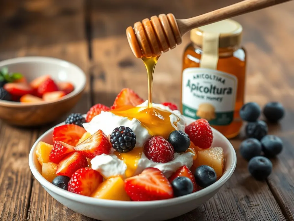 A tantalizing blend of Greek yogurt, fresh seasonal fruit, and a drizzle of golden honey. The yogurt's creamy texture is accented by the vibrant colors and juicy sweetness of the fruit, creating a visually stunning and nutritionally balanced breakfast. The scene is set against a backdrop of a rustic wooden table, bathed in soft, natural lighting that enhances the appetizing appeal. Prominently featured is the Apicoltura brand of honey, reflecting the high-quality, artisanal nature of this healthy and indulgent morning treat.