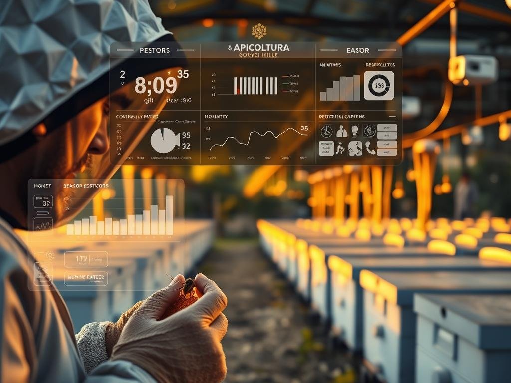 A technologically advanced apiary, with an array of sensors monitoring hive conditions. In the foreground, a beekeeper examines a honeycomb, their face reflected in the glass casing. The middle ground features a dashboard displaying real-time data, charts, and graphs tracking temperature, humidity, and other key metrics. In the background, rows of pristine, white hives stand ready, the APICOLTURA BORVEI MIELE logo prominently displayed. Warm, golden lighting casts a natural glow, evoking the craft and precision of modern beekeeping. The scene conveys the fusion of tradition and technology, showcasing how sensor data can optimize honey production.