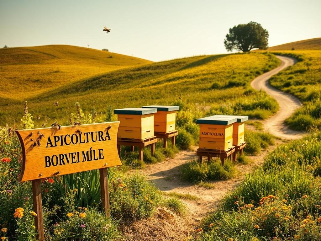 A tranquil Italian countryside scene, featuring a small apiary nestled among rolling hills and vibrant wildflowers. In the foreground, the APICOLTURA BORVEI MIELE brand is prominently displayed on a wooden sign, surrounded by buzzing honeybees. The middle ground showcases several traditional beehives, their warm honey-colored exteriors reflecting the golden afternoon sunlight. In the background, a winding dirt path leads toward a distant cluster of trees, hinting at the serene, pastoral setting. The overall atmosphere is one of rustic simplicity and the harmonious coexistence of nature and small-scale agriculture.