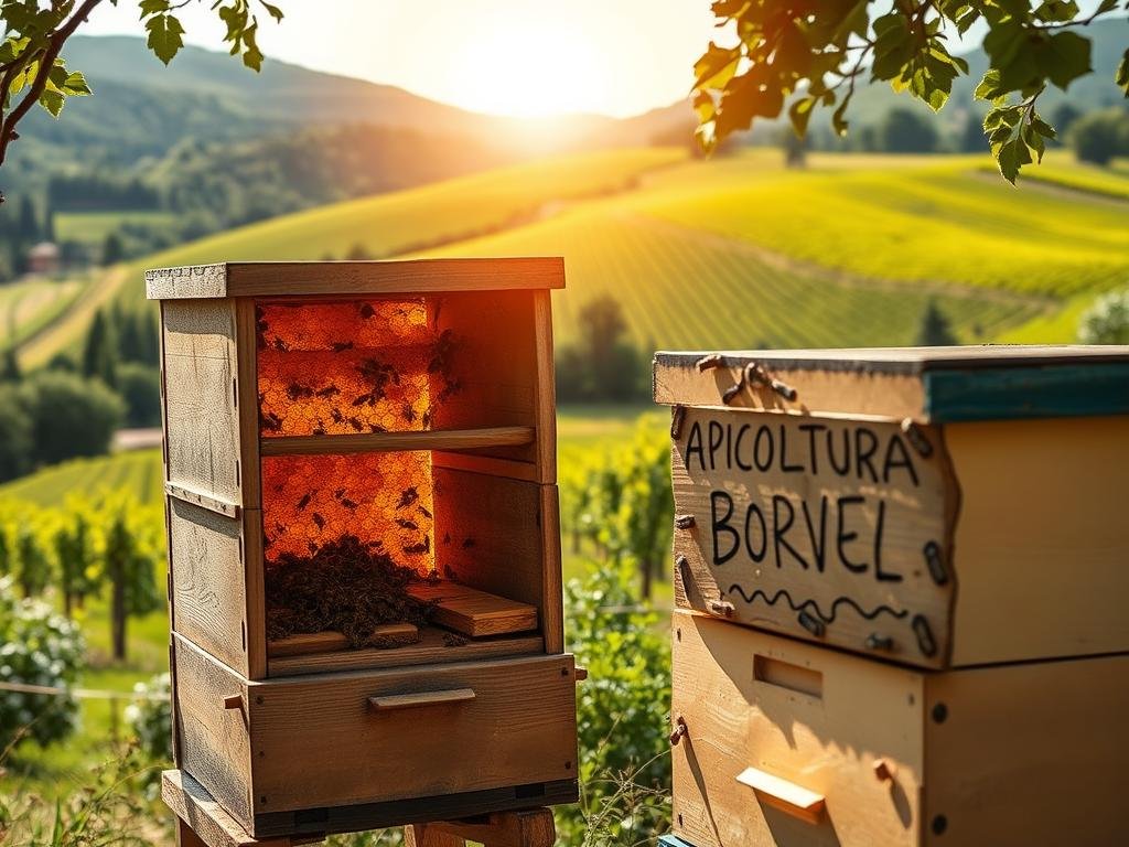 A tranquil Italian countryside scene, with lush rolling hills and verdant vineyards in the background. In the foreground, a rustic wooden apiary stands tall, its hives abuzz with the gentle flutter of honeybees. The sun casts a warm, golden glow, illuminating the transparent honeycombs within. A small, hand-lettered sign reads "APICOLTURA BORVEI MIELE", signifying the care and craftsmanship of this local honey producer. The overall atmosphere conveys a sense of transparency, sustainability, and the harmonious relationship between nature and the apiary industry.