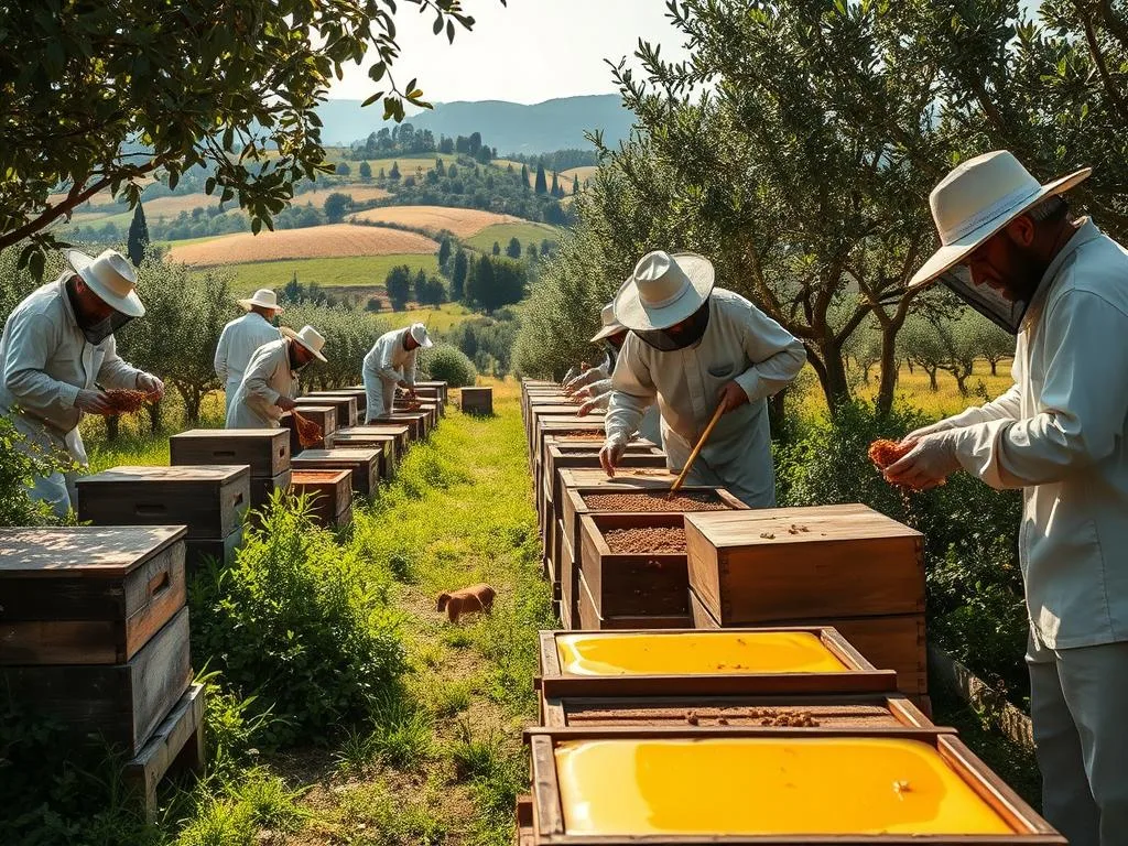 A tranquil and sun-dappled apiary, with rows of weathered wooden beehives nestled among lush greenery. Skilled apiarists in traditional attire carefully extract golden honey from the hives, their movements precise and practiced. The air is thick with the gentle buzz of industrious honeybees, their wings catching the warm light. In the background, a picturesque Italian countryside unfolds, rolling hills dotted with olive trees and vineyards. The scene evokes the centuries-old tradition of Apicoltura, the art of beekeeping, as the honey is carefully processed and bottled for consumption.