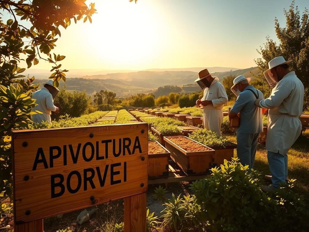 A tranquil apiary in the Italian countryside, where beekeepers in traditional attire tend to their hives. The sun casts a warm glow, illuminating the busy workers as they collect the golden nectar. In the foreground, the APICOLTURA BORVEI MIELE brand name is prominently displayed on a weathered wooden sign. The middle ground reveals rows of hives nestled among lush, verdant foliage, while the background showcases a picturesque landscape of rolling hills and a clear, azure sky. An atmosphere of quiet diligence and pastoral serenity pervades the scene.