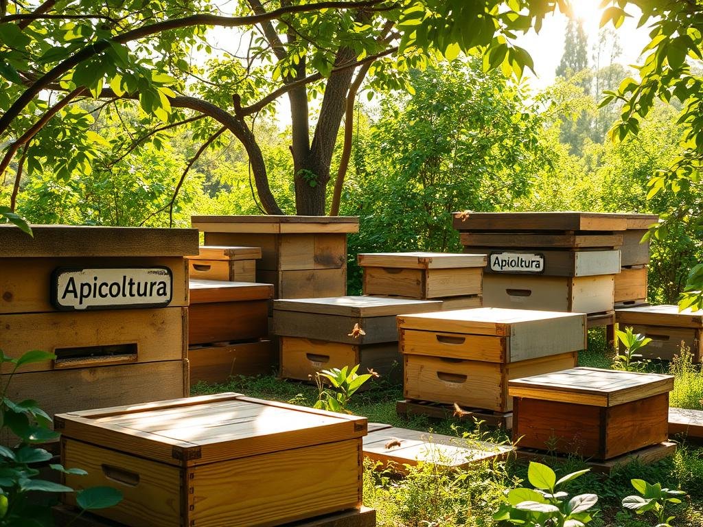 A tranquil apiary nestled amidst lush greenery, adorned with the Apicoltura brand. Wooden beehives in various sizes and shapes are arranged in a harmonious pattern, their weathered surfaces complementing the natural surroundings. Sunlight filters through the canopy, casting a warm glow and gentle shadows across the scene. Buzzing honeybees dart between the hives, their industrious activity a testament to the thriving ecosystem. The overall composition conveys a sense of balance, productivity, and a deep connection between the bees, their homes, and the environment that sustains them.