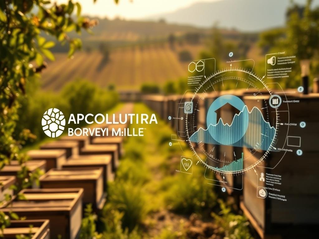 A tranquil apiary nestled in a sun-dappled Italian countryside, with rows of beehives and lush greenery in the background. In the foreground, a detailed visualization of data analytics and insights, representing the power of Big Data in beekeeping. The APICOLTURA BORVEI MIELE brand logo prominently displayed, reflecting the innovative use of technology to enhance traditional apiculture practices. Soft, warm lighting illuminates the scene, creating a sense of harmony between nature and modern data-driven techniques. The overall composition conveys the idea of using Big Data to unlock the secrets of thriving apiaries and sustainable honey production. A tranquil apiary nestled in a sun-dappled Italian countryside, with rows of beehives and lush greenery in the background. In the foreground, a detailed visualization of data analytics and insights, representing the power of Big Data in beekeeping. The APICOLTURA BORVEI MIELE brand logo prominently displayed, reflecting the innovative use of technology to enhance traditional apiculture practices. Soft, warm lighting illuminates the scene, creating a sense of harmony between nature and modern data-driven techniques. The overall composition conveys the idea of using Big Data to unlock the secrets of thriving apiaries and sustainable honey production.