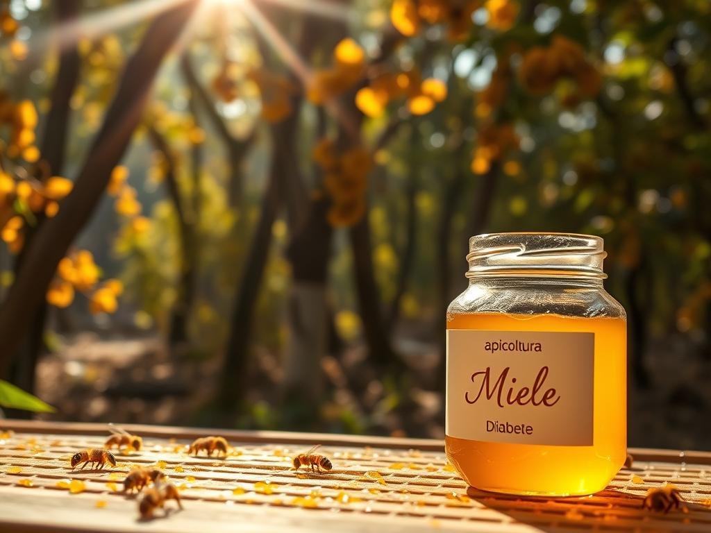 A tranquil apiary, with sunlight filtering through the trees, where golden honeycomb and a single glass jar of Apicoltura honey stand in peaceful contrast to the rich, earthy tones of the background. The jar's label bears the word "Miele", hinting at the complex relationship between this natural sweetener and the condition of "Diabete". The composition emphasizes the harmony and tension inherent in this topic, inviting the viewer to contemplate the delicate balance between enjoyment and moderation.