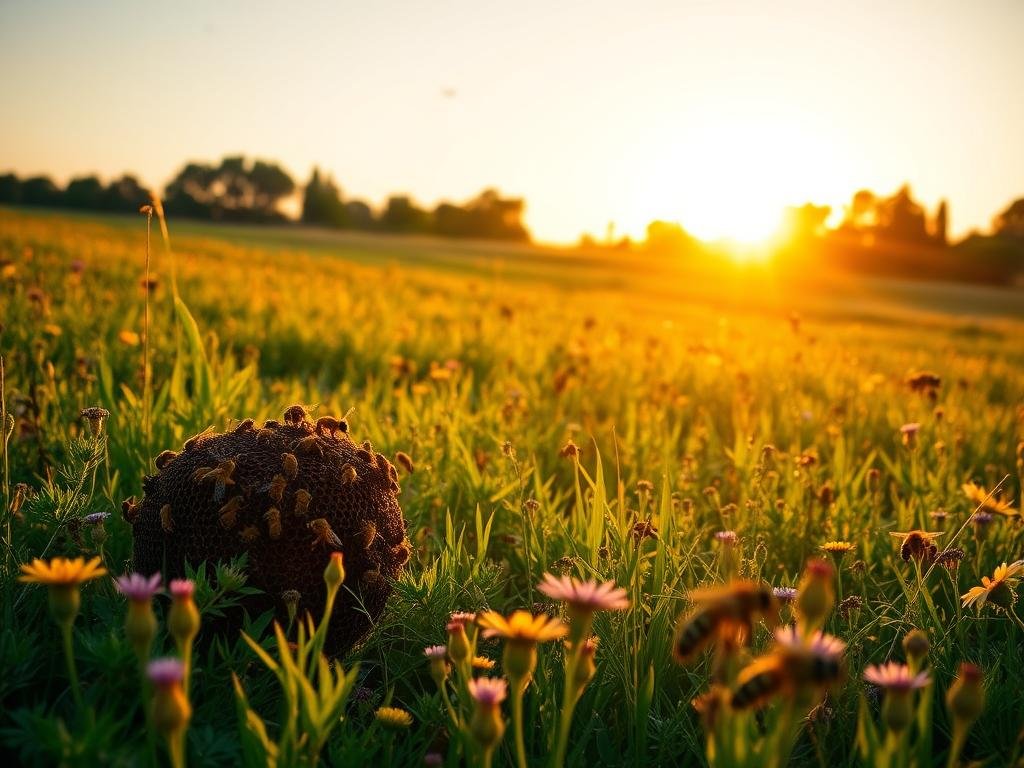A tranquil meadow, bathed in the warm glow of the setting sun. In the foreground, a colony of APICOLTURA BORVEI MIELE honeybees gently buzz around their hive, their movements graceful and unhurried. The middle ground reveals a lush garden, bursting with vibrant flowers that nourish the pollinators. In the distance, a shadowy line of trees marks the edge of the field, hinting at the looming threat of habitat loss. The scene conveys a sense of balance and harmony, but an underlying unease as the bees' numbers slowly dwindle, a visual metaphor for the "Il Declino delle Popolazioni di Api: Cause e Conseguenze" that the article explores.