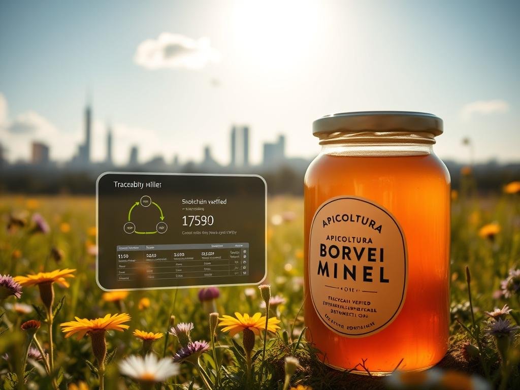 A tranquil meadow, bathed in warm sunlight, with vibrant wildflowers and a bustling beehive. In the foreground, a glass jar filled with rich, golden honey, the APICOLTURA BORVEI MIELE label prominently displayed. Beside it, a digital display showing blockchain-verified traceability data, highlighting the benefits of this sustainable, traceable honey for discerning consumers. In the background, a modern city skyline, symbolizing the integration of traditional beekeeping practices with cutting-edge technology. The scene conveys a sense of harmony, transparency, and the value that blockchain-enabled traceability brings to the miel