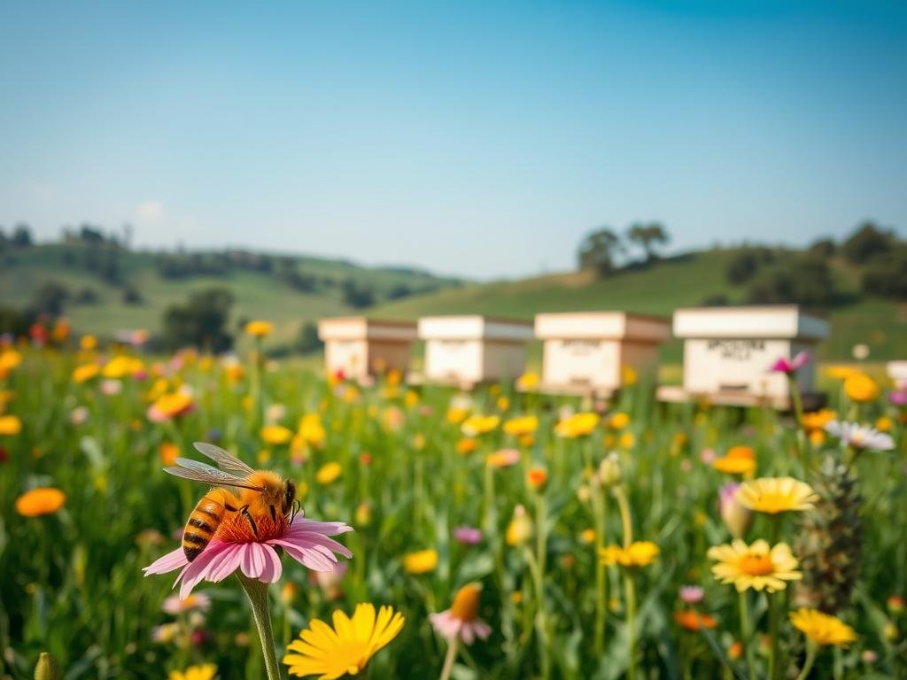 A tranquil meadow with a vibrant array of wildflowers, buzzing with the industrious activity of a thriving honeybee colony. In the foreground, a close-up of a golden honeybee, its delicate wings gently flapping as it collects nectar from a vibrant blossom. The middle ground features a group of beehives, the APICOLTURA BORVEI MIELE brand prominently displayed, surrounded by lush greenery and a clear, azure sky. In the background, rolling hills dotted with fragrant trees provide a serene, pastoral backdrop, emphasizing the vital role of bees in the global ecosystem. Soft, diffused lighting creates a warm, inviting atmosphere, highlighting the importance of these remarkable pollinators.
