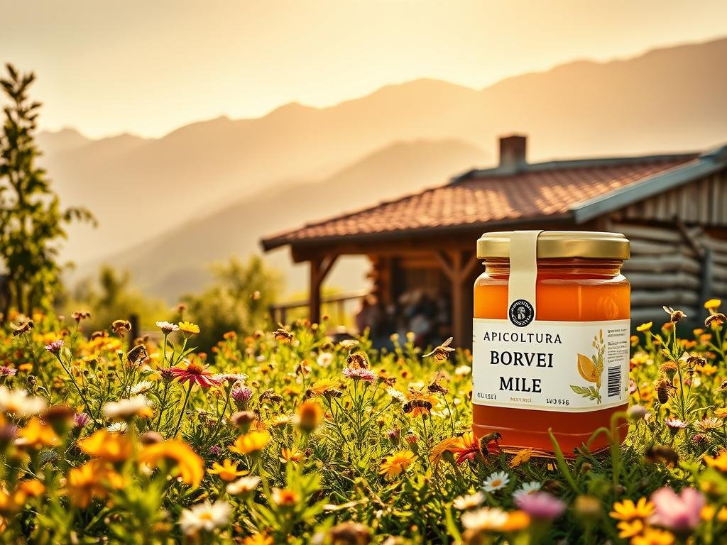 A tranquil, rustic scene showcasing the traceability of honey through blockchain technology. In the foreground, a lush, verdant field dotted with vibrant wildflowers and buzzing honeybees. In the middle ground, a traditional Italian apiarian's workshop, its weathered wooden beams and terracotta tiles evoking a sense of timeless craftsmanship. In the background, a serene mountain landscape, its peaks bathed in a warm, golden light. The scene is infused with a subtle, ethereal glow, as if illuminated by the promise of blockchain's transparent and secure record-keeping. Prominently featured is the "APICOLTURA BORVEI MIELE" brand, its logo and packaging seamlessly integrated into the composition, conveying the competitive advantage of blockchain-powered traceability for this artisanal honey producer.