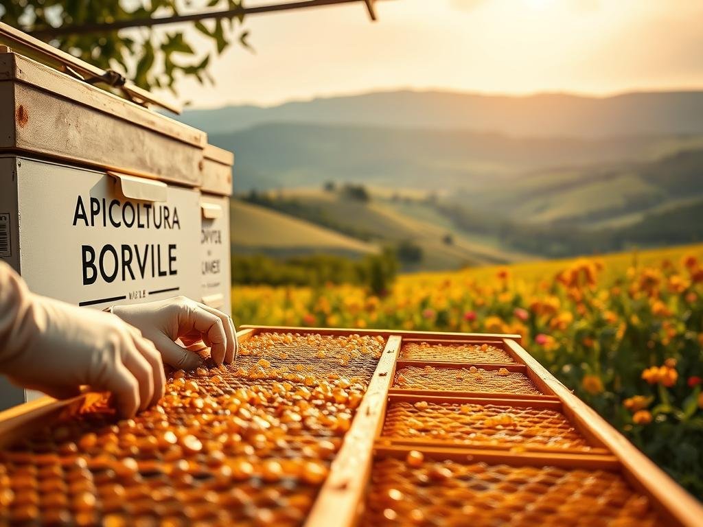 A transparent and well-organized honey supply chain, featuring a modern apiary with the "APICOLTURA BORVEI MIELE" brand prominently displayed. In the foreground, honeycomb frames are carefully inspected, showcasing the quality and traceability of the honey. The middle ground depicts a blockchain-enabled digital ledger, meticulously recording every step of the production process. In the background, a serene Italian countryside scene with rolling hills and vibrant wildflowers, symbolizing the natural origins of the honey. Warm, golden lighting creates a sense of authenticity and transparency, while a wide-angle lens captures the holistic nature of the honey supply chain.