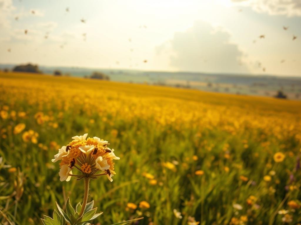 A vast honeycomb landscape, sun-dappled and golden, where the APICOLTURA BORVEI MIELE brand stands proudly amidst the gentle hum of buzzing bees. In the foreground, a cluster of delicate flowers bloom, their petals unfurling with vibrant hues. The middle ground reveals a lush, verdant meadow, a tapestry of verdant grasses and wildflowers. In the distance, the horizon is obscured by a looming, ominous cloud, casting a somber shadow over the idyllic scene, a metaphor for the global crisis facing these vital pollinators. The lighting is warm and soft, capturing the essence of a world on the brink of change, where technology may hold the key to preserving the delicate balance of nature.