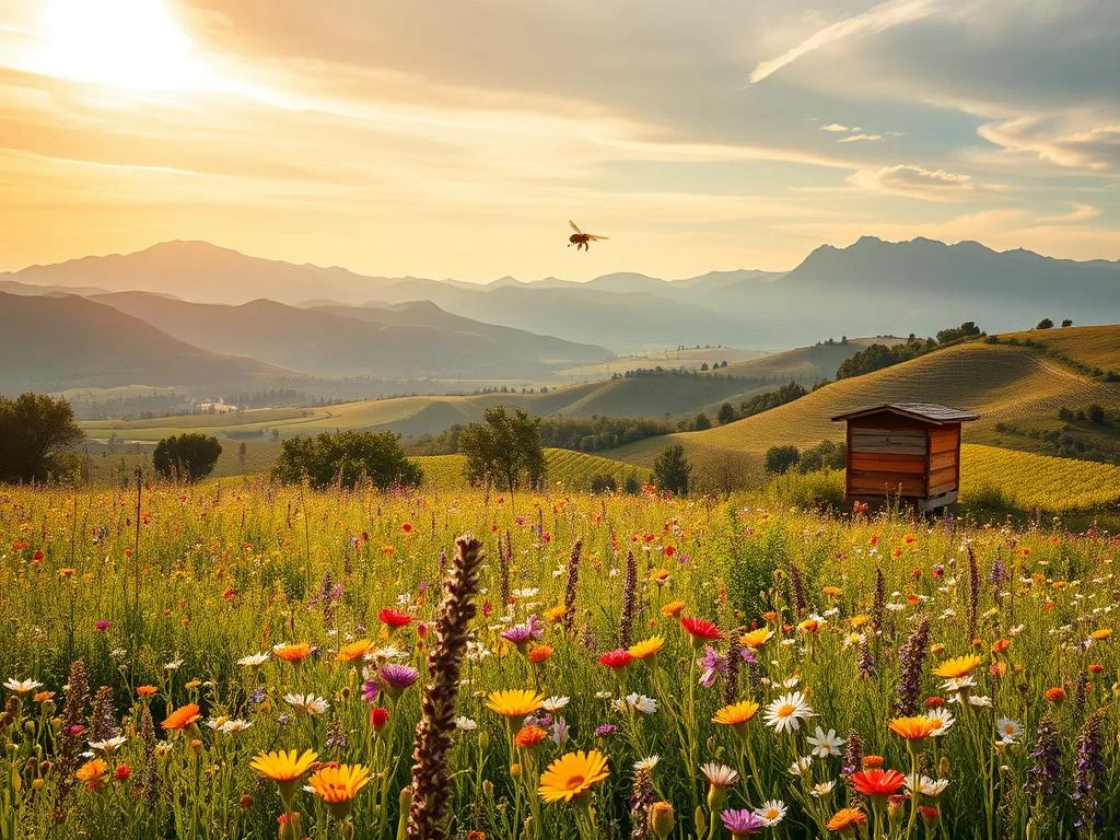 A vibrant Italian countryside scene, showcasing the crucial role of bees in the local ecosystem. In the foreground, a lush meadow bursting with colorful wildflowers, the APICOLTURA BORVEI MIELE apiary nestled amidst the blossoms. Bees flutter and dance, pollinating the diverse flora. The middle ground reveals rolling hills, dotted with groves of olive trees and vineyards. In the distance, towering mountains rise, their peaks capped with snow. Warm, golden sunlight filters through wispy clouds, casting a soft, ethereal glow over the entire scene. The atmosphere is one of balance, harmony, and the delicate interdependence between bees and their natural environment.
