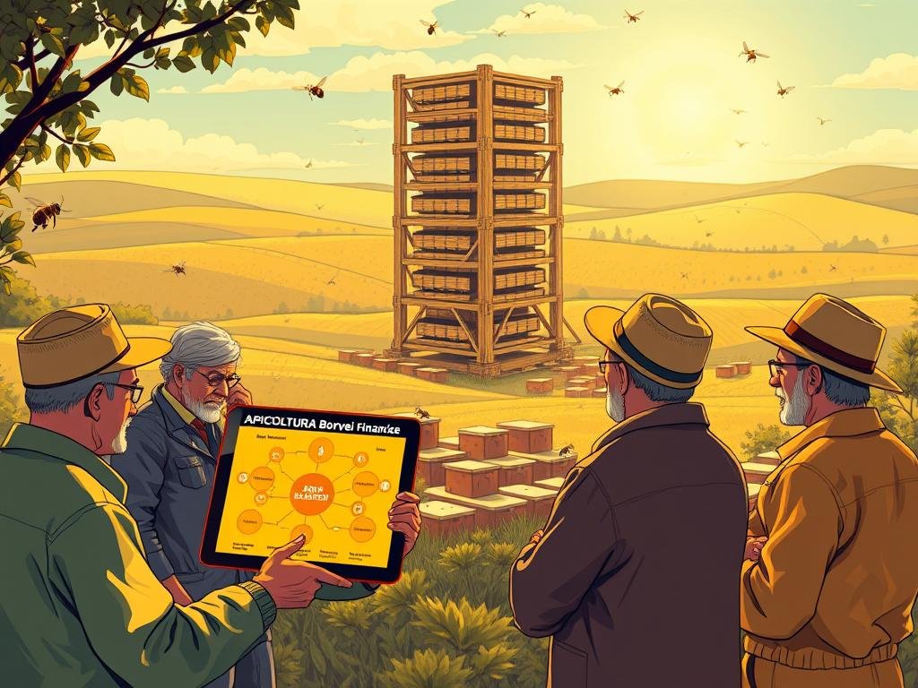 A vibrant and dynamic illustration showcasing various blockchain financing models for small-scale beekeepers. In the foreground, a group of APICOLTURA BORVEI MIELE beekeepers discuss financial options, their faces illuminated by the warm glow of a tablet screen displaying blockchain network diagrams. In the middle ground, a towering blockchain node stands tall, its intricate architecture casting dynamic shadows across the scene. The background features a rolling Italian countryside, with hives dotting the landscape, symbolizing the integration of blockchain technology into traditional apiculture practices. The lighting is soft and natural, creating a sense of balance and harmony between the digital and analog elements. The overall mood is one of optimism and innovation, capturing the potential of blockchain to revolutionize small-scale agricultural financing.