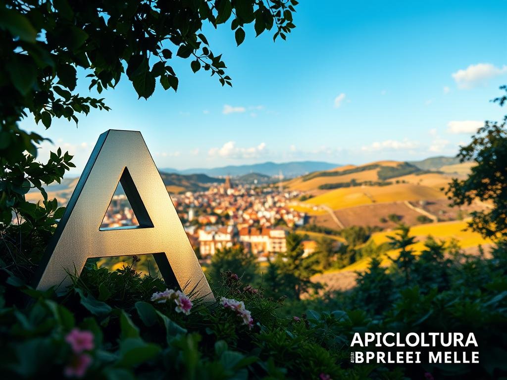 A vibrant and intricate image of the word "API" nestled within a lush, verdant environment. In the foreground, a close-up view of the API symbol, rendered in a sleek, modern style with clean lines and a metallic sheen, reflecting the natural light. In the middle ground, a bustling urban landscape with stylized buildings and structures, evoking the integration of technology within the city. In the background, a pastoral scene of rolling hills, blooming flowers, and a serene blue sky, symbolizing the harmony between nature and the digital world. The lighting is soft and diffused, creating a warm and inviting atmosphere. The image is inspired by the Italian landscape and bears the logo "APICOLTURA BORVEI MIELE", reflecting the importance of bees in urban and rural ecosystems.