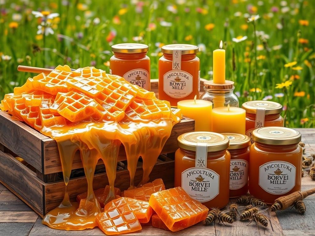 A vibrant and intricately detailed still life composition showcasing the diverse products of the beehive. In the foreground, a wooden crate overflows with golden honeycomb, dripping with viscous nectar. Surrounding it, jars of rich, amber-colored honey, their labels proudly displaying the brand name "APICOLTURA BORVEI MIELE". In the middle ground, a scattering of beeswax candles, their warm glow casting a soft, natural light. In the background, a lush, verdant meadow with wildflowers in bloom, evoking the pastoral origins of these artisanal bee-derived goods. The overall mood is one of rustic abundance and appreciation for the wonders of the hive.