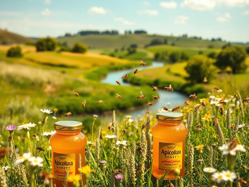 A vibrant and lush meadow, with a gentle breeze rustling the wildflowers. In the foreground, a cluster of golden honey jars, the "Apicoltura" brand emblazoned on their labels. Surrounding them, a swarm of industrious bees buzz and flit among the blooms, their movements captured in a dreamy, soft-focus effect. The middle ground features a winding stream, its waters reflecting the azure sky above. In the background, rolling hills dotted with verdant trees create a serene, pastoral landscape. The overall scene conveys a sense of natural abundance, health, and the essential role of bees in the ecosystem. Warm, golden lighting casts a gentle glow, evoking the sweetness and nourishing properties of the honey.