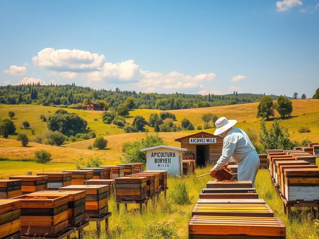 A vibrant and picturesque Italian apiarian landscape, with rolling hills, lush meadows, and rows of traditional wooden beehives. In the foreground, a beekeeper in a white protective suit tends to his hives, inspecting the health of the colonies. In the middle ground, a small apiary building with the bold signage "APICOLTURA BORVEI MIELE" stands amidst a backdrop of verdant trees and a cloudless azure sky. The scene is bathed in warm, golden sunlight, capturing the essence of the Italian countryside and the industrious nature of the nation's beekeeping industry. The overall atmosphere conveys a sense of harmony, sustainability, and the vital role of bees in the local ecosystem.