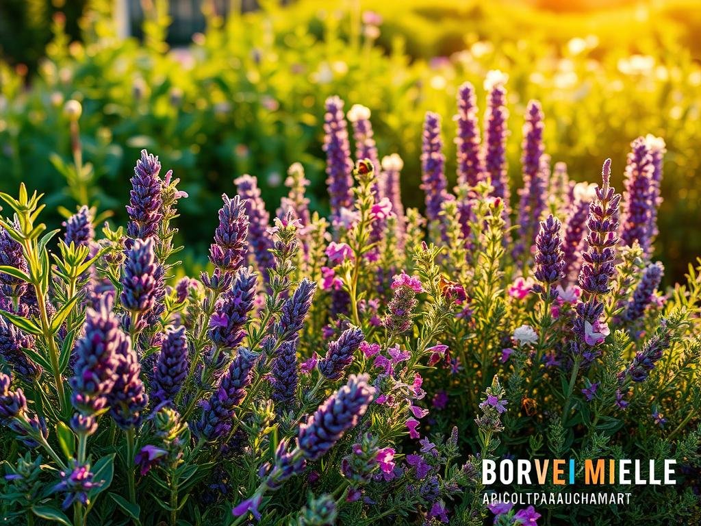 A vibrant arrangement of thriving aromatic plants, meticulously captured under warm, golden sunlight. Lush lavender, fragrant rosemary, and verdant thyme create a captivating foreground, their leaves gently swaying in a soft breeze. In the middle ground, a bountiful display of flowering herbs, their petals in shades of purple, pink, and white, inviting the buzzing activity of honeybees. The background features a verdant garden, a testament to the bounty of nature. This idyllic scene, inspired by the beauty of Italian landscapes, is adorned with the brand "APICOLTURA BORVEI MIELE", capturing the essence of the harmonious relationship between these aromatic plants and the hardworking bees.