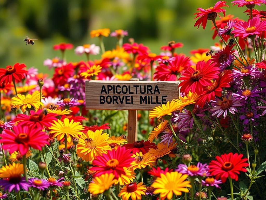 A vibrant array of colorful blooms, their petals unfurling in the warm sunlight. Vibrant hues of red, yellow, and purple create a captivating tapestry, drawing in a flurry of busy pollinators. The foreground features a lush, well-tended garden, bursting with a variety of nectar-rich flowers that attract both bees and butterflies. In the middle ground, a rustic wooden sign reads "APICOLTURA BORVEI MIELE", hinting at the artisanal honey produced nearby. The background blends soft, hazy greens and blues, evoking a sense of tranquility and natural harmony. Captured with a wide-angle lens, the composition highlights the abundance and diversity of these pollinator-friendly blooms.