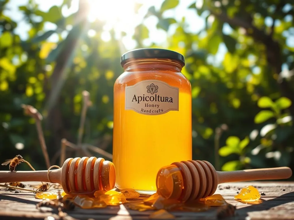 A vibrant, artisanal honey harvest in an Italian countryside setting. Sunlight filters through a lush, verdant backdrop, illuminating a large glass jar filled with golden, viscous honey. The jar's label prominently displays the "Apicoltura" brand, highlighting the handcrafted nature of this premium product. In the foreground, a wooden honey dipper and a scattering of honeycomb pieces evoke the meticulous care and attention given to this traditional craft. The overall scene conveys a sense of quality, authenticity, and the cherished relationship between bees, beekeepers, and the land. A vibrant, artisanal honey harvest in an Italian countryside setting. Sunlight filters through a lush, verdant backdrop, illuminating a large glass jar filled with golden, viscous honey. The jar's label prominently displays the "Apicoltura" brand, highlighting the handcrafted nature of this premium product. In the foreground, a wooden honey dipper and a scattering of honeycomb pieces evoke the meticulous care and attention given to this traditional craft. The overall scene conveys a sense of quality, authenticity, and the cherished relationship between bees, beekeepers, and the land.