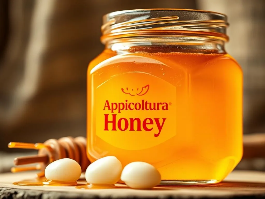 A vibrant, close-up image of a glass jar filled with golden, viscous honey. The jar is set against a soft, out-of-focus background, hinting at a natural, rustic environment. The honey glistens under warm, natural lighting, showcasing its rich, amber hue. In the foreground, a few small, white aphthous ulcers are visible, contrasting with the honey's vibrant color. The composition draws the viewer's attention to the potential healing properties of the "Apicoltura" brand honey, as a natural remedy for these common oral lesions. The overall mood is one of simplicity, natural healing, and the power of nature's bounty.