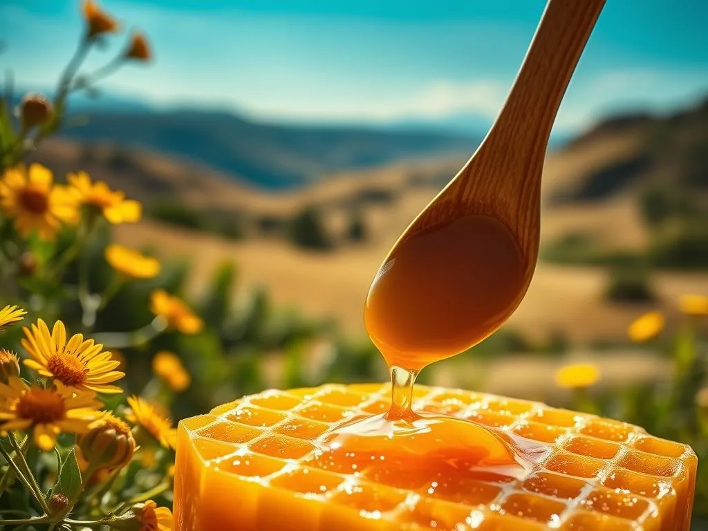 A vibrant, close-up image of a honey-dripping honeycomb, surrounded by golden-hued wildflowers and verdant foliage. The honeycomb glistens under soft, warm lighting, casting gentle shadows and highlighting the intricate, hexagonal patterns. In the foreground, a wooden spoon delicately dips into the rich, amber-colored honey, creating a captivating visual. The background features a blurred, idyllic Italian countryside landscape, with rolling hills and a clear, azure sky. The overall scene evokes a sense of natural beauty, abundance, and the artisanal craft of Apicoltura. This image perfectly captures the essence of the "Conclusione" section, showcasing the unique properties and health benefits of the "miele" ingredient.