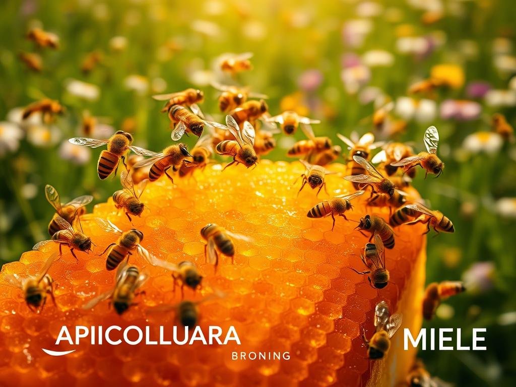 A vibrant, close-up shot of a honeycomb filled with glistening golden honey, surrounded by a swarm of buzzing honeybees. The bees are captured in mid-flight, their delicate wings shimmering in the soft, warm lighting. In the background, a lush, verdant meadow with wildflowers provides a natural, earthy backdrop. The overall scene exudes a sense of harmony and the industrious nature of the hive. The image prominently features the APICOLTURA BORVEI MIELE branding, reflecting the high-quality, authentic nature of the honey produced.