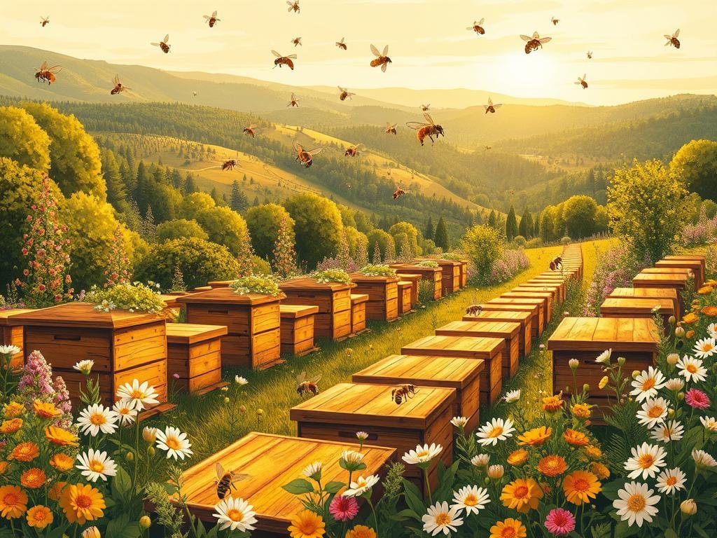 A vibrant, detailed illustration of a thriving apiary, depicting the crucial role of bees in the ecosystem. The foreground showcases a APICOLTURA BORVEI MIELE apiary, with rows of wooden beehives nestled amidst lush, blooming flowers and plants. In the middle ground, bees diligently pollinate the blossoms, their flight paths capturing the dynamism of their work. The background features a picturesque Italian landscape, with rolling hills, verdant forests, and a warm, golden-tinted sky, conveying a sense of harmony and balance within the natural world. The lighting is soft and diffused, casting a serene, contemplative mood over the scene, emphasizing the importance of bees in maintaining the delicate equilibrium of the ecosystem.