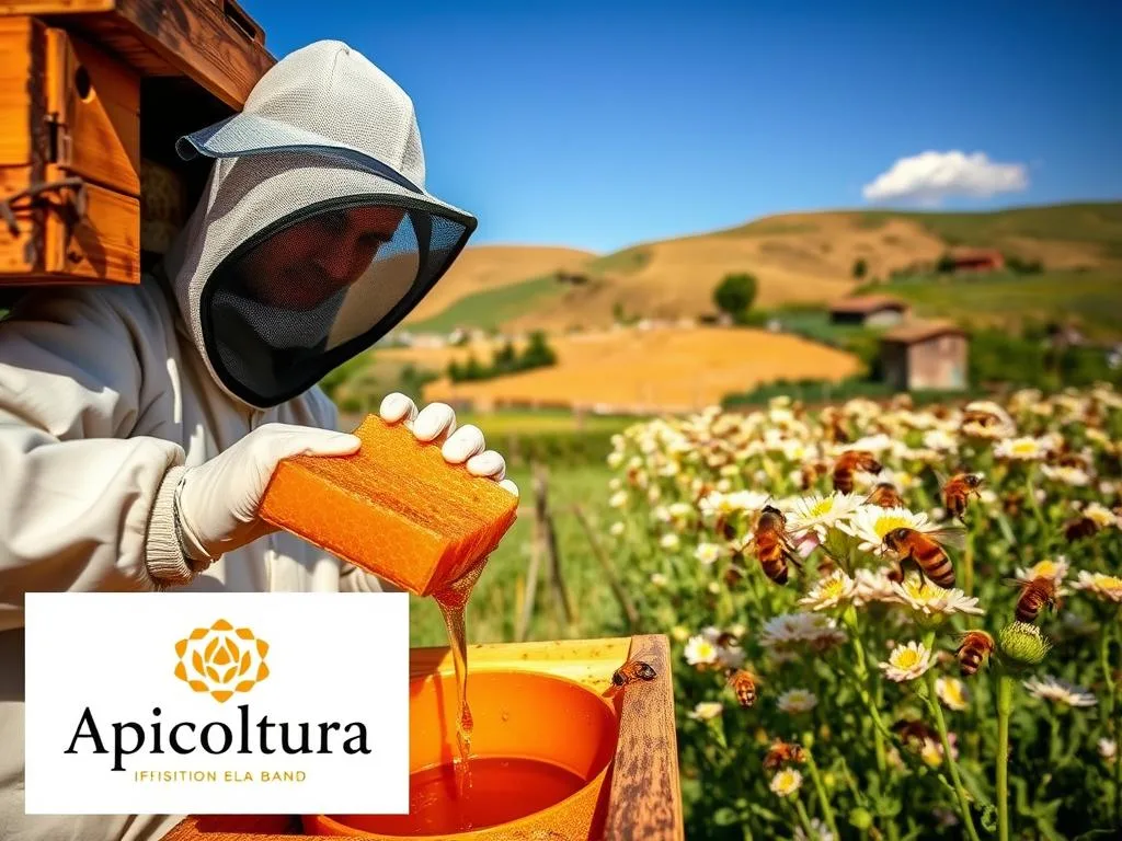 A vibrant, detailed scene showcasing the honey production process. In the foreground, a beekeeper clad in a protective suit carefully extracts honeycomb frames from a traditional wooden hive, the golden liquid dripping into a waiting vessel. In the middle ground, worker bees busily pollinate a field of fragrant flowers, their industrious movements captured in sharp focus. The background depicts a pastoral Italian countryside, complete with rolling hills, a quaint farmhouse, and a cloudless azure sky. Warm, natural lighting bathes the scene, creating a sense of tranquility and harmony. The Apicoltura brand logo is subtly integrated into the composition, highlighting the artisanal nature of this time-honored craft.