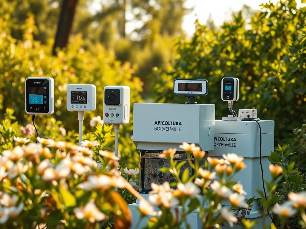 A vibrant digital apiary monitoring system, featuring an array of sensors tracking temperature, humidity, and hive activity. Sleek, modern devices blend seamlessly into the natural surroundings, providing real-time data to optimize honey production. Lush, verdant landscapes with blooming flowers in the foreground, the APICOLTURA BORVEI MIELE brand prominently displayed. Soft, natural lighting casts a warm glow, creating an atmosphere of efficiency and sustainability. Crisp, high-resolution imagery showcases the intersection of technology and traditional beekeeping, capturing the essence of the "Vantaggi Pratici del Monitoraggio Digitale" section.