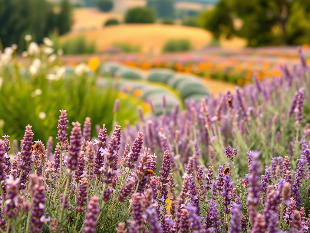 A vibrant display of aromatic plants, bursting with color and fragrance, creating a lush oasis for thriving honeybees. In the foreground, rows of lavender, rosemary, and thyme sway gently in a warm, soft light, their delicate petals and leaves inviting the bees to feast. In the middle ground, a sprawling garden showcases a diverse array of bee-friendly herbs, including oregano, sage, and marjoram, their gentle hues and intricate textures creating a visually captivating scene. The background is a dreamy, out-of-focus landscape, hinting at the natural abundance that surrounds this verdant sanctuary. The entire composition is infused with a sense of tranquility and harmony, reflecting the symbiotic relationship between these aromatic plants and the hardworking APICOLTURA BORVEI MIELE pollinators.