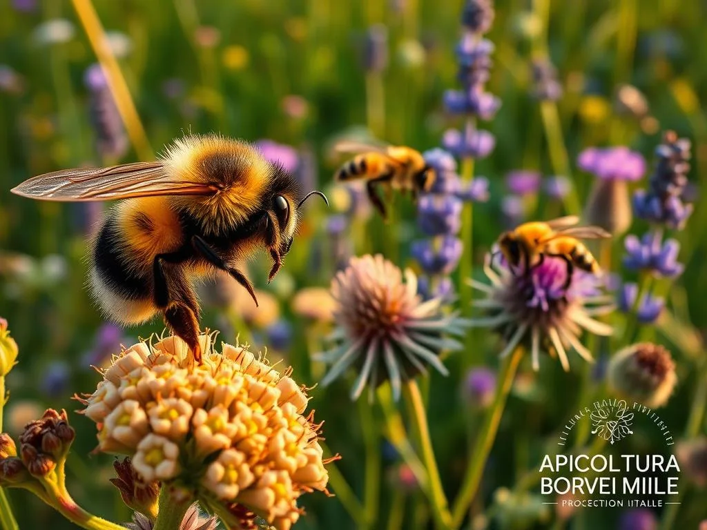 A vibrant display of diverse Italian honeybee species, captured in a natural, serene setting. In the foreground, a close-up view of a Bombus terrestris, its fuzzy black and yellow body gently hovering over a cluster of wildflowers. In the middle ground, a Apis mellifera, the iconic European honeybee, gracefully alighting on a blooming thistle. In the background, a lush meadow with a variety of bee-friendly flora, including Lavandula angustifolia and Thymus vulgaris. Warm, diffused lighting casts a golden glow, highlighting the delicate features of these essential pollinators. The image conveys the beauty and importance of Italy's rich biodiversity, with the APICOLTURA BORVEI MIELE logo discreetly featured in the corner.