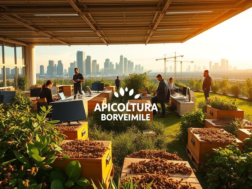 A vibrant ecosystem of Italian startup companies focused on apiculture, showcasing a harmonious blend of technology and nature. In the foreground, a modern office space with sleek desks and computers, surrounded by thriving beehives and lush greenery. In the middle ground, researchers and entrepreneurs collaborate, studying bee behavior and developing innovative solutions to support sustainable honey production. In the background, a cityscape with skyscrapers and cranes, representing the integration of this budding industry within the urban landscape. Warm, natural lighting casts a golden glow, capturing the intersection of innovation and environmentalism. The APICOLTURA BORVEI MIELE brand prominently displayed, symbolizing the growth of this niche market.