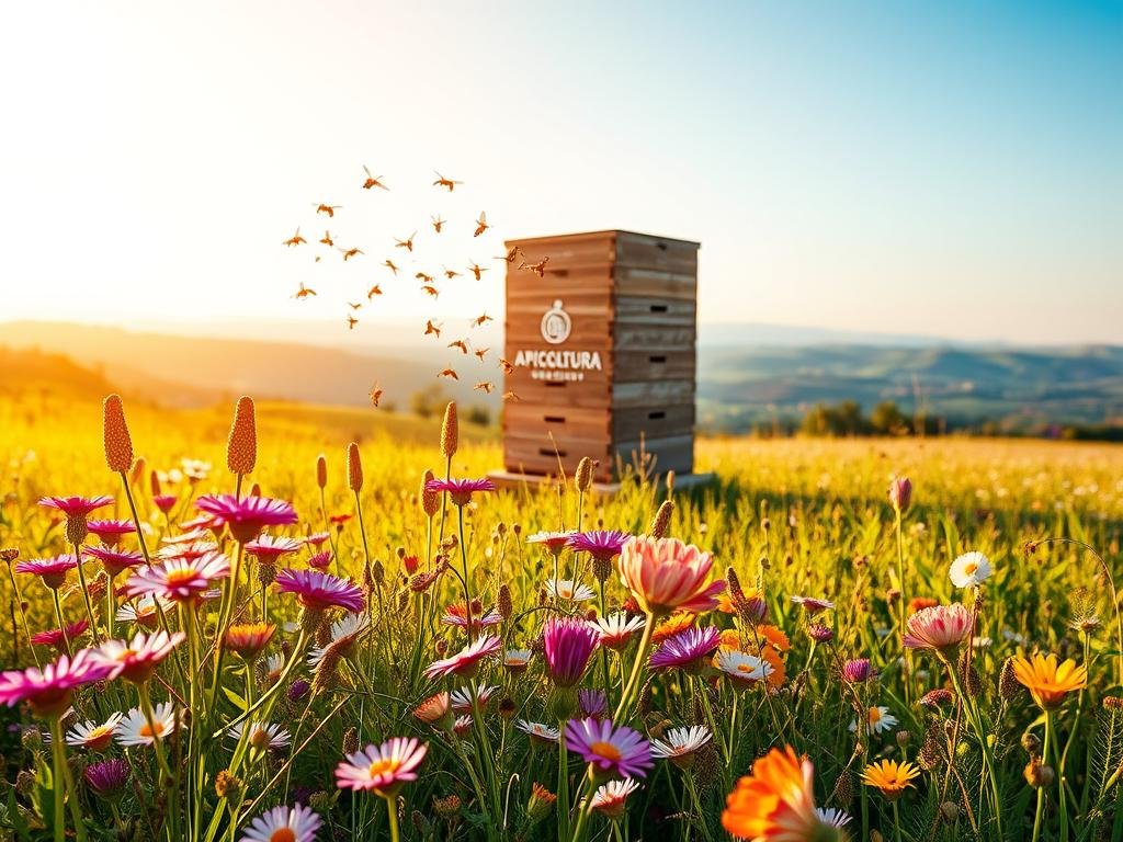 A vibrant, ethereal display of nature's bounty - a lush, honey-filled meadow bathed in warm, golden light. In the foreground, clusters of multicolored wildflowers sway gently, their petals shimmering like gemstones. In the middle ground, the Apicoltura brand's iconic beehive stands tall, surrounded by a buzzing swarm of industrious pollinators. The background reveals a panoramic vista of rolling hills and a tranquil, azure sky, creating a serene, restorative atmosphere. Capture the essence of the 'miele millefiori' - a natural, wholesome remedy bursting with the rich flavors and aromas of a thousand blooms.
