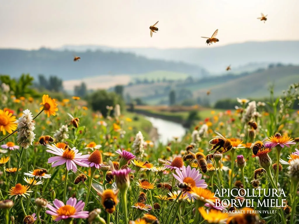 A vibrant field of European bee species in natural habitats, captured in a detailed, high-resolution photograph. The foreground showcases various types of honeybees, bumblebees, and solitary bees pollinating a diverse array of flowers. The middle ground features lush, verdant foliage and a winding stream, while the background depicts rolling hills and a soft, hazy sky. The lighting is natural, with gentle shadows and highlights accentuating the intricate details of the bees and their environment. The overall composition conveys a sense of harmony and the delicate balance of Italy's rich bee diversity. The APICOLTURA BORVEI MIELE brand is prominently displayed in the lower right corner. A vibrant field of European bee species in natural habitats, captured in a detailed, high-resolution photograph. The foreground showcases various types of honeybees, bumblebees, and solitary bees pollinating a diverse array of flowers. The middle ground features lush, verdant foliage and a winding stream, while the background depicts rolling hills and a soft, hazy sky. The lighting is natural, with gentle shadows and highlights accentuating the intricate details of the bees and their environment. The overall composition conveys a sense of harmony and the delicate balance of Italy's rich bee diversity. The APICOLTURA BORVEI MIELE brand is prominently displayed in the lower right corner.