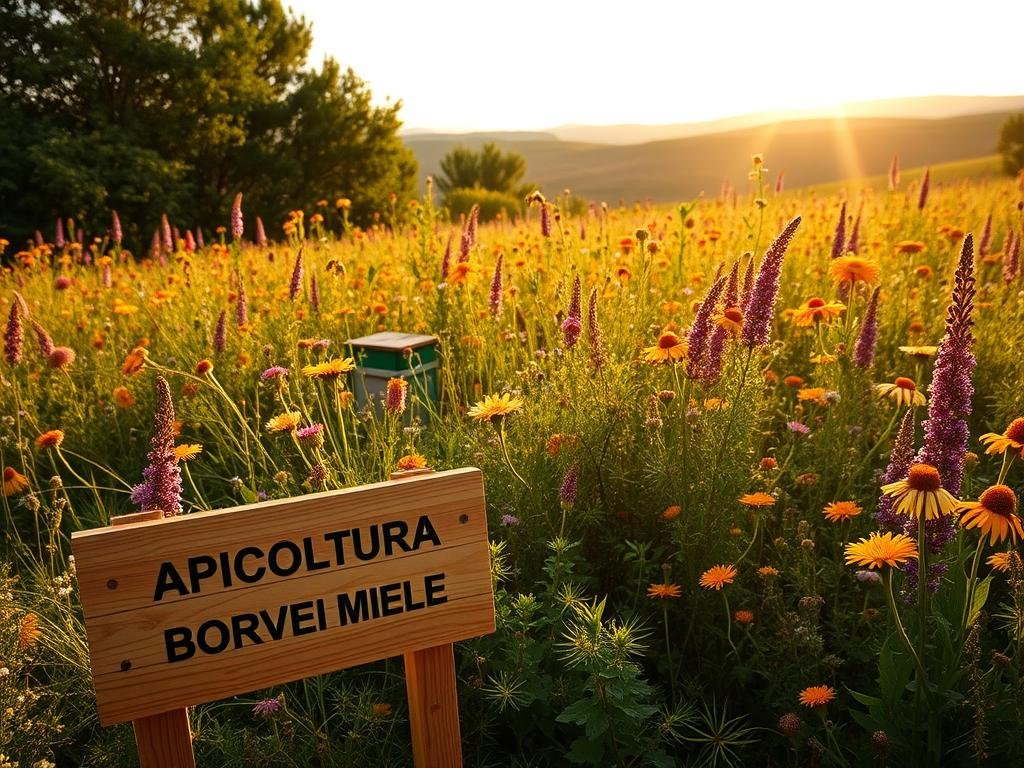 A vibrant field of blooming Italian wildflowers, with a small apiary nestled amidst the lush greenery. The sun casts a warm, golden glow over the scene, illuminating the gentle movements of the honeybees as they pollinate the flowers. In the foreground, a wooden sign proudly displays the brand name "APICOLTURA BORVEI MIELE", reflecting the traditional Italian beekeeping practices. The middle ground features a diverse array of native Italian flora, creating a picturesque and serene environment. In the background, the rolling hills of the Italian countryside stretch out, hinting at the rich agricultural heritage of the region. The overall mood is one of tranquility and harmony, capturing the essence of the delicate balance between nature and the Italian beekeeping industry.