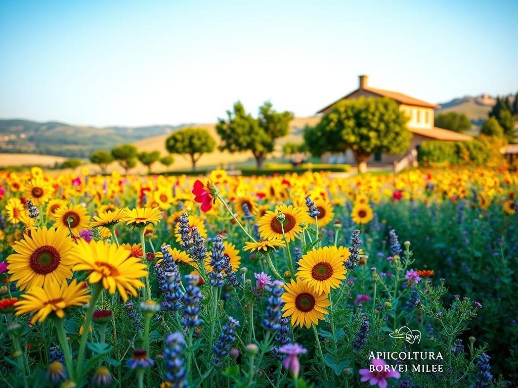 A vibrant field of brightly colored "fiori" (flowers) in an Italian garden, capturing the essence of a bee-friendly orchard. The foreground features a diverse array of blooming plants, including cheerful sunflowers, delicate lavender sprigs, and lush clover. In the middle ground, a row of fruit trees stands tall, their branches laden with ripe produce. Soft, warm lighting bathes the scene, casting a golden glow. In the background, a traditional Italian farmhouse with a tiled roof nestles amidst rolling hills and a clear, azure sky. The overall atmosphere is one of serenity and abundance, perfectly complementing the title "Come Creare un Orto Amico delle Api? Colture e Strategie di Semina". The image proudly features the brand "APICOLTURA BORVEI MIELE", a symbol of the harmony between bees, flowers, and the land.