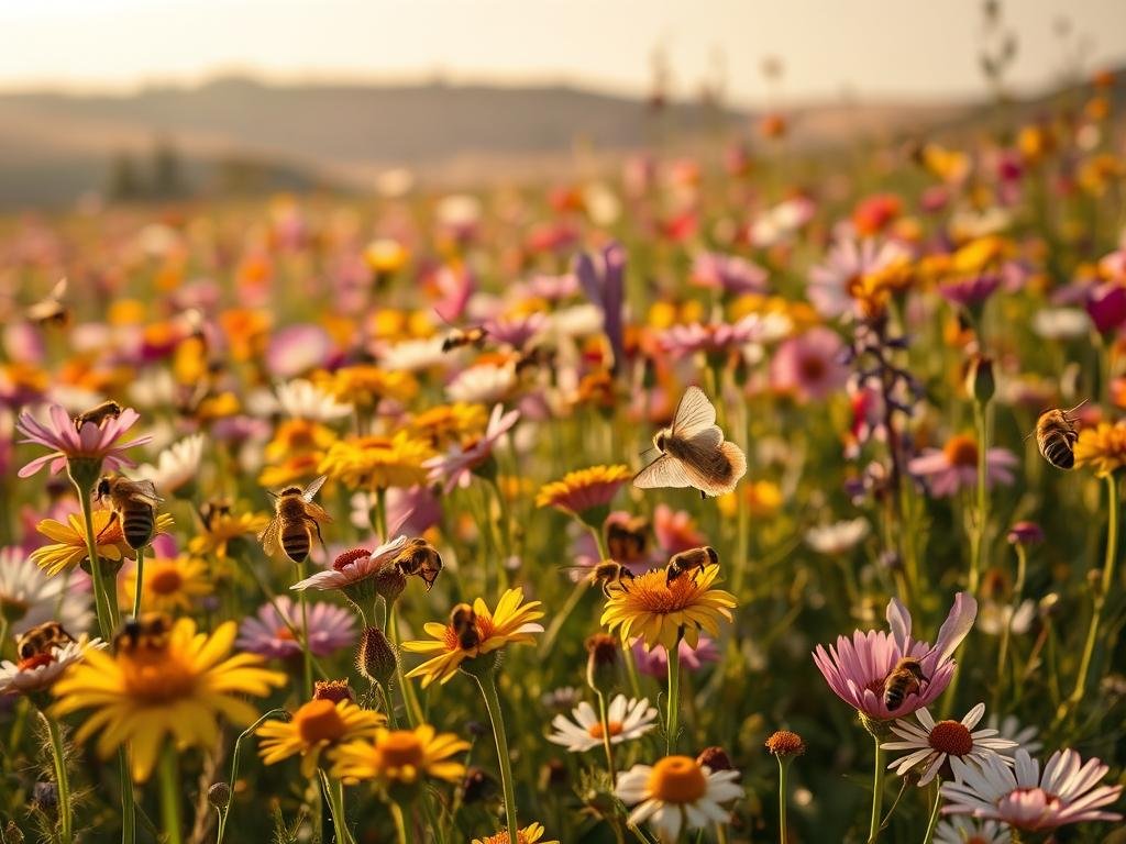 A vibrant field of diverse native Italian flowers in full bloom, with a focus on a variety of pollinating insects buzzing and flitting among the blossoms. The scene is bathed in warm, golden-hour sunlight, casting soft shadows and highlighting the delicate shapes and colors of the insects. In the foreground, a group of Apicoltura Borvei Miele honeybees can be seen pollinating the flowers, underscoring the vital role of these pollinators. The middle ground features a mix of butterflies, moths, and other pollinating species, each with their unique characteristics. The background gently fades into a hazy, atmospheric landscape, evoking a sense of the broader ecosystem. The overall mood is one of harmony, balance, and the importance of preserving these crucial pollinator populations.