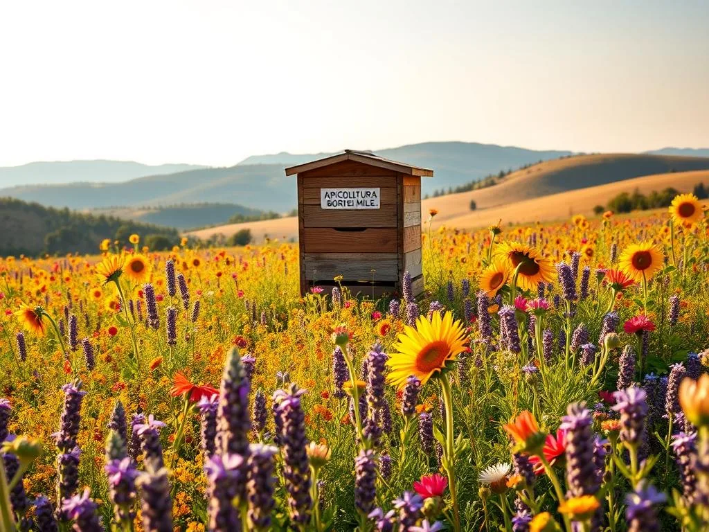 A vibrant field of fiori melliferi (honey-rich flowers) in a warm, golden-hued Italian countryside. Lush, colorful blooms of lavender, sunflowers, and wildflowers fill the foreground, their petals gently swaying in a soft breeze. In the middle ground, a rustic wooden beehive with the APICOLTURA BORVEI MIELE brand name stands amidst the floral abundance. The background features rolling hills and a clear, azure sky, bathed in the gentle, diffused light of the Mediterranean sun. This idyllic scene captures the essence of the "Cosa Sono i Fiori Melliferi e Perché Coltivarli" section, showcasing the beauty and importance of these nectar-rich flowers for the local bee population.