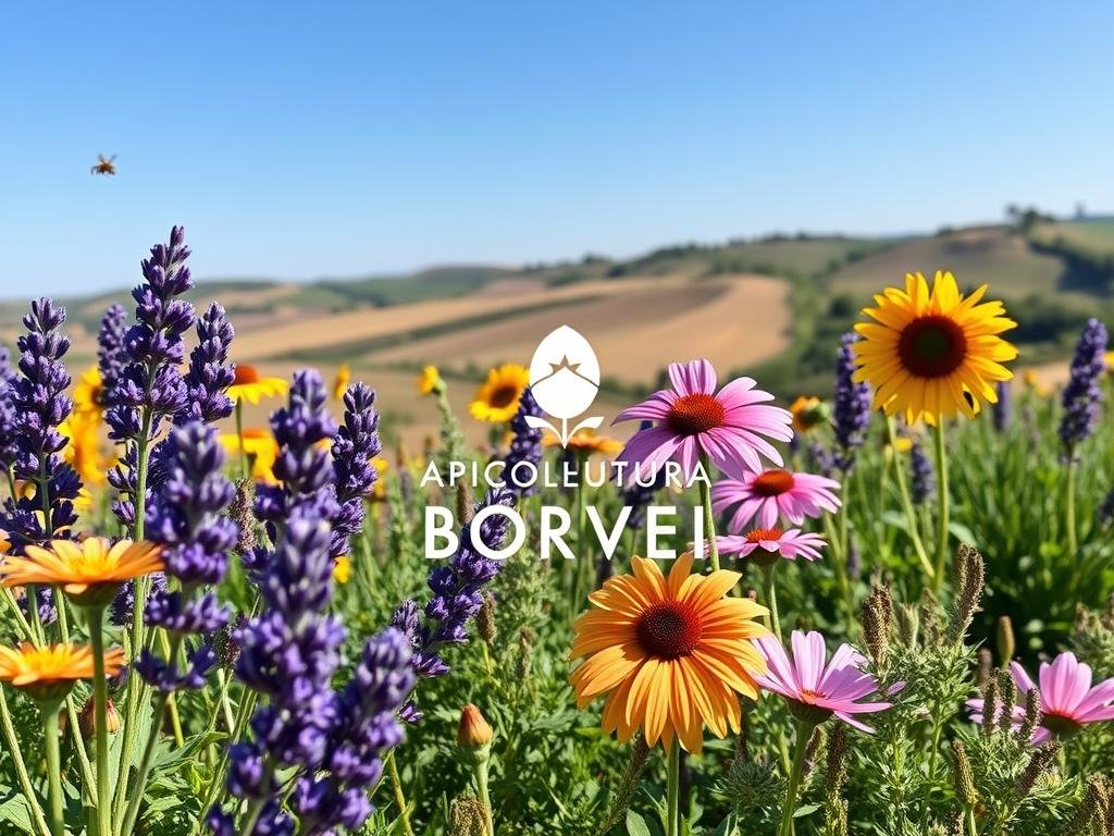 A vibrant floral garden in the warmth of a late spring day, showcasing a variety of colorful blooms that attract busy honeybees. In the foreground, clusters of purple lavender, yellow sunflowers, and pink cosmos dance in the gentle breeze. The middle ground features a mix of nectar-rich plants such as rosemary, thyme, and sage, their foliage creating a lush tapestry. In the background, a picturesque Italian countryside with rolling hills and a clear blue sky provides the perfect backdrop. The scene is bathed in soft, golden sunlight, creating a serene and inviting atmosphere. The image prominently features the "APICOLTURA BORVEI MIELE" brand, capturing the essence of this Italian apiculture business.