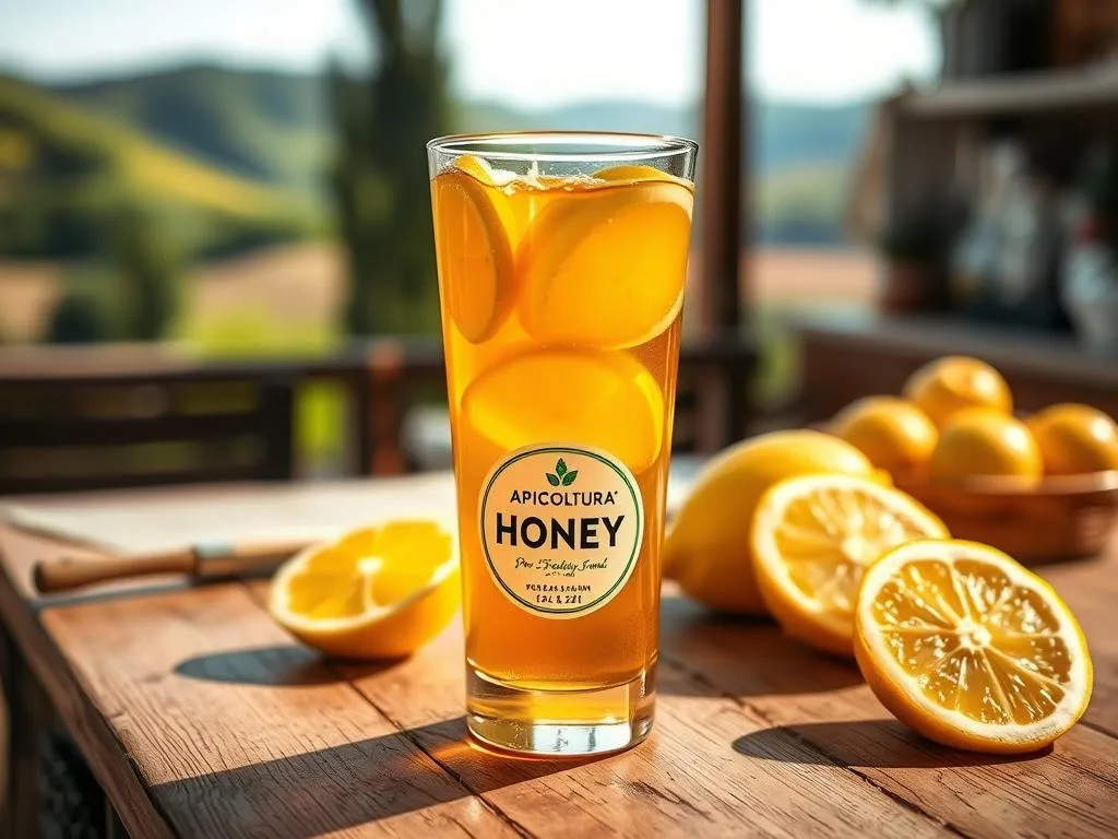 A vibrant glass filled with a refreshing blend of pure honey and freshly squeezed lemon, captured in a timeless Italian setting. The foreground showcases the captivating amber hue of the "Apicoltura" honey, complemented by the vibrant citrus notes of the lemon slices. The middle ground features a rustic wooden table, evoking the warm, authentic ambiance of an Italian kitchen. The background is a softly blurred scene of a sun-drenched Italian countryside, with rolling hills and lush greenery. The lighting is natural and warm, creating a sense of inviting tranquility. The overall composition conveys the simple, wholesome essence of this iconic Italian pairing, inspiring a sense of wellbeing and balance. A vibrant glass filled with a refreshing blend of pure honey and freshly squeezed lemon, captured in a timeless Italian setting. The foreground showcases the captivating amber hue of the "Apicoltura" honey, complemented by the vibrant citrus notes of the lemon slices. The middle ground features a rustic wooden table, evoking the warm, authentic ambiance of an Italian kitchen. The background is a softly blurred scene of a sun-drenched Italian countryside, with rolling hills and lush greenery. The lighting is natural and warm, creating a sense of inviting tranquility. The overall composition conveys the simple, wholesome essence of this iconic Italian pairing, inspiring a sense of wellbeing and balance.
