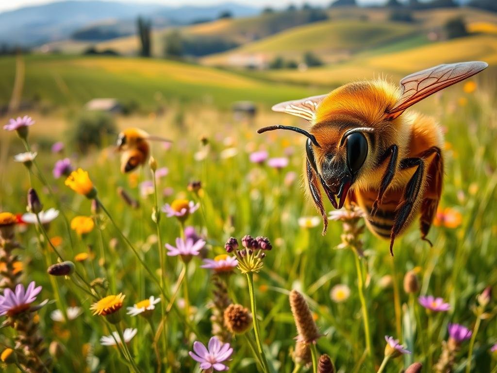 A vibrant, high-resolution image of an invasive insect species, specifically a honeybee, dominating a lush Italian meadow. The foreground features the large, aggressive-looking bee with intricate details of its compound eyes, furry body, and venomous stinger. The middle ground showcases a diverse array of native wildflowers and grasses being overtaken by the invasive species. In the background, a hazy, sun-dappled landscape with rolling hills and a distant APICOLTURA BORVEI MIELE apiary. The lighting is warm and natural, evoking a sense of tension and imbalance in the delicate Italian ecosystem.