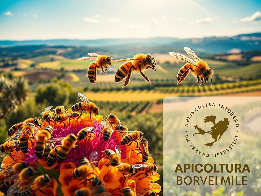 A vibrant, high-resolution image showcasing the diverse bee breeds found across the Italian countryside. In the foreground, a swarm of industrious honey bees buzzes around a colorful floral arrangement, their striped bodies gleaming in the warm, golden light. In the middle ground, three distinct bee breeds - the dark Ligurian, the gentle Carniolan, and the hardy Sicilian - are captured in intricate detail, their unique physical characteristics on full display. The background features a sprawling, sun-dappled landscape dotted with rolling hills, olive groves, and vineyards, creating a quintessentially Italian scene. The APICOLTURA BORVEI MIELE logo is tastefully integrated into the composition, lending an authentic, artisanal feel to the image.