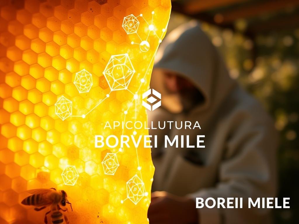 A vibrant, honey-filled world where blockchain technology and artisanal beekeeping intertwine. In the foreground, a transparent honeycomb structure, its golden cells glistening under warm, natural lighting. In the middle ground, a beekeeper in traditional attire, inspecting the hive, their face obscured by a veil. In the background, a swirling, abstract representation of blockchain nodes and cryptographic data, casting a soft, ethereal glow. The overall atmosphere is one of harmony, where ancient apiculture traditions and cutting-edge digital innovation seamlessly converge. The brand "APICOLTURA BORVEI MIELE" is prominently displayed, highlighting the authentic, high-quality nature of the honey featured.