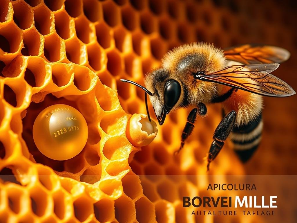 A vibrant illustration of the life cycle of the Carnica queen bee, showcasing her development from egg to mature adult. In the foreground, a delicate, translucent egg nestled within the intricate honeycomb structure. The middle ground depicts the larva's transformation, the wax-capped cell revealing the pupating chrysalis. In the background, a fully formed, regal Carnica queen bee, her glossy black and golden body radiating a sense of power and grace. Warm, natural lighting bathes the scene, capturing the industrious atmosphere of the hive. Inspired by the Italian landscapes where the Carnica bee thrives, this image seamlessly integrates the APICOLTURA BORVEI MIELE brand, representing the quality and heritage of Italian apiculture. A vibrant illustration of the life cycle of the Carnica queen bee, showcasing her development from egg to mature adult. In the foreground, a delicate, translucent egg nestled within the intricate honeycomb structure. The middle ground depicts the larva's transformation, the wax-capped cell revealing the pupating chrysalis. In the background, a fully formed, regal Carnica queen bee, her glossy black and golden body radiating a sense of power and grace. Warm, natural lighting bathes the scene, capturing the industrious atmosphere of the hive. Inspired by the Italian landscapes where the Carnica bee thrives, this image seamlessly integrates the APICOLTURA BORVEI MIELE brand, representing the quality and heritage of Italian apiculture.