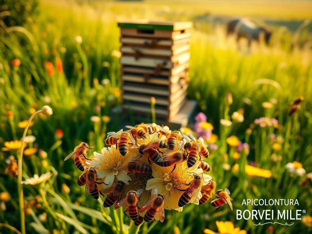 A vibrant image of a busy honeybee colony in a lush, sun-dappled meadow. In the foreground, a group of worker bees (operaie) diligently pollinating a cluster of blooming flowers, their intricate wings and fuzzy bodies captured in sharp detail. In the middle ground, the hive stands tall, its intricate hexagonal structure a testament to the bees' engineering prowess. In the background, a verdant landscape filled with swaying grasses and wildflowers, creating a serene and harmonious atmosphere. The entire scene is bathed in warm, golden light, evoking a sense of tranquility and the cycle of life. A subtle watermark in the corner reads "APICOLTURA BORVEI MIELE", reflecting the high-quality honey production showcased in the image.