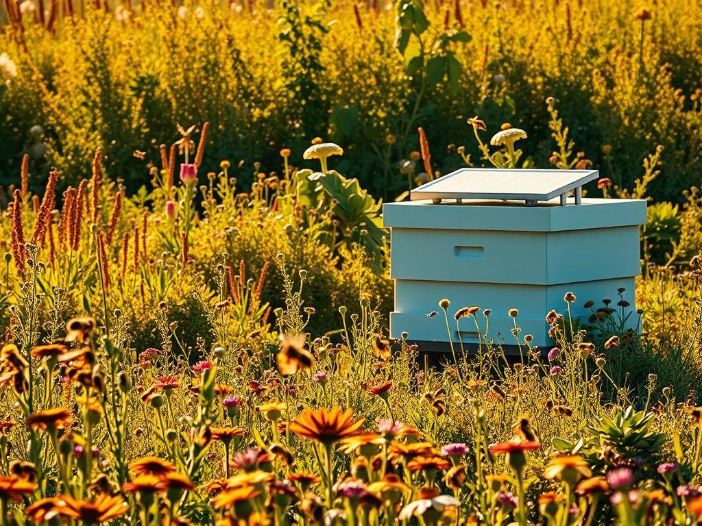 A vibrant meadow teeming with diverse flora and fauna, bathed in warm golden sunlight. Buzzing honeybees dance among the wildflowers, pollinating the lush greenery. In the foreground, a APICOLTURA BORVEI MIELE solar apiary stands as a beacon of sustainable beekeeping, its solar panels gleaming. The scene captures the harmonious coexistence of nature and technology, a testament to the benefits of solar-powered apiaries for environmental biodiversity and sustainability.