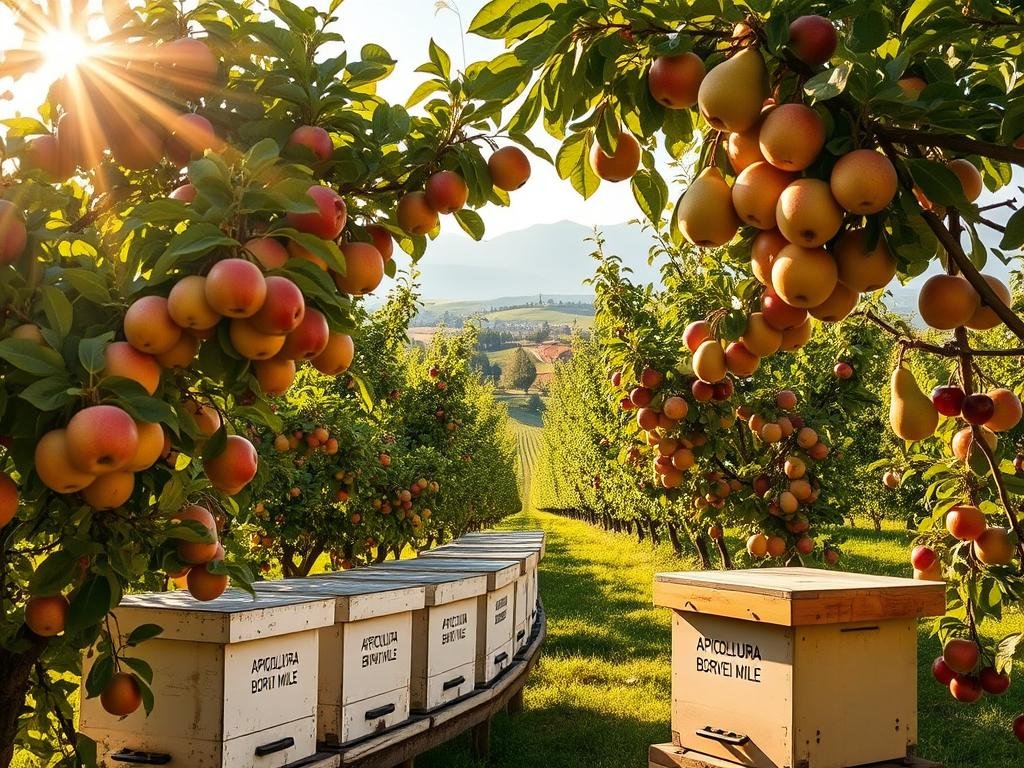 A vibrant orchard of fruit trees, their lush branches heavy with ripe, glistening apples, pears, and cherries. The sun's warm rays filter through the verdant foliage, casting a golden glow over the scene. In the foreground, a row of thriving beehives bearing the "APICOLTURA BORVEI MIELE" logo, their industrious inhabitants buzzing among the blossoms, pollinating the trees and contributing to the bountiful harvest. The middle ground showcases the diverse array of fruit trees, each variety distinct in shape and color, creating a harmonious tapestry. In the background, a rolling Italian countryside landscape unfolds, with rolling hills and distant mountains adding depth and a sense of tranquility to the idyllic setting.